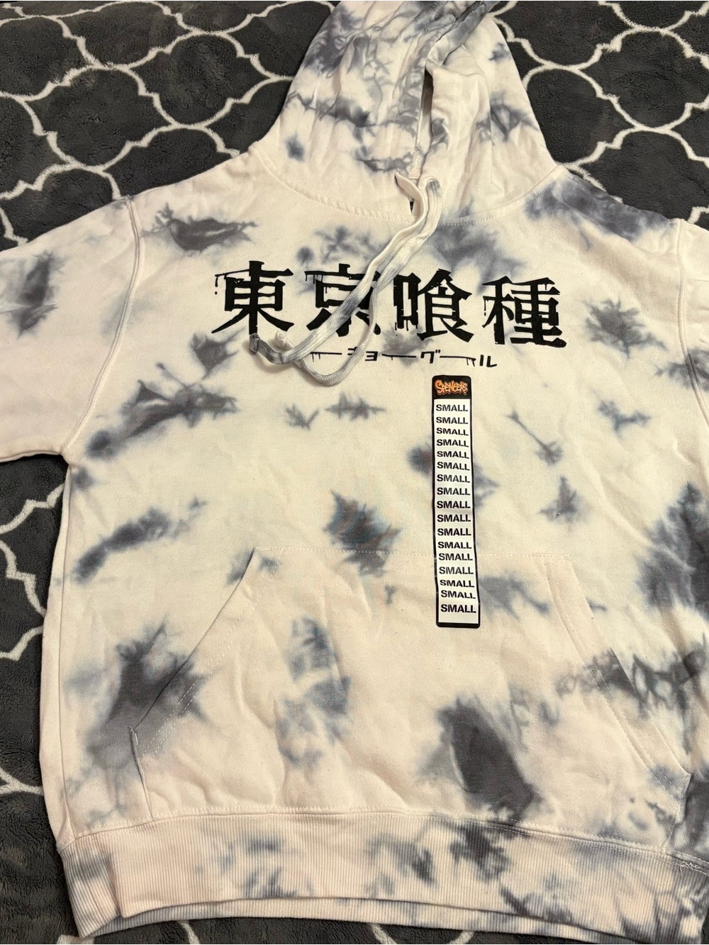 Spencer's White & Gray Tie-Dye Hoodie with Black Japanese Graphic